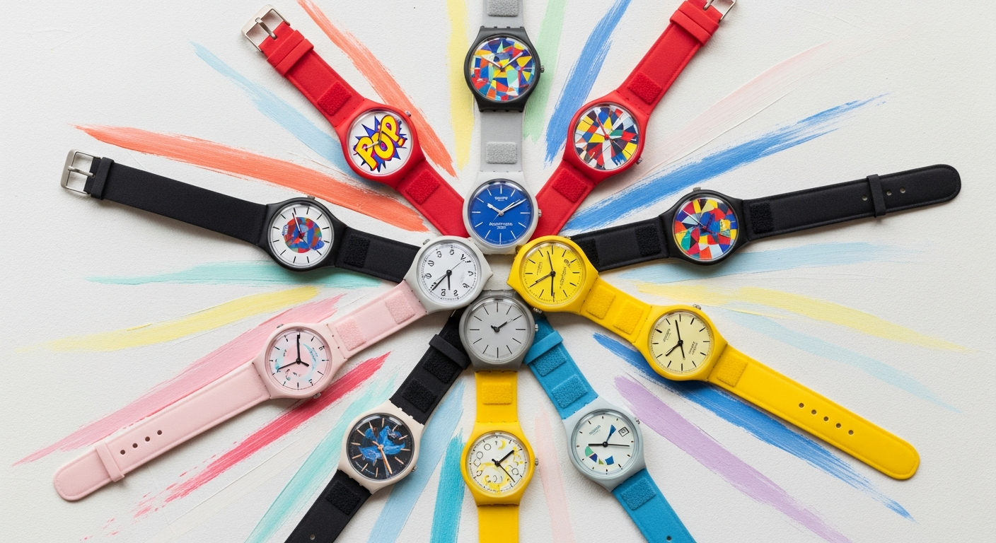 A dynamic, colorful flat lay of iconic Swatch watches from different eras, from the 1980s Gent models to the modern Bioceramic MoonSwatch.