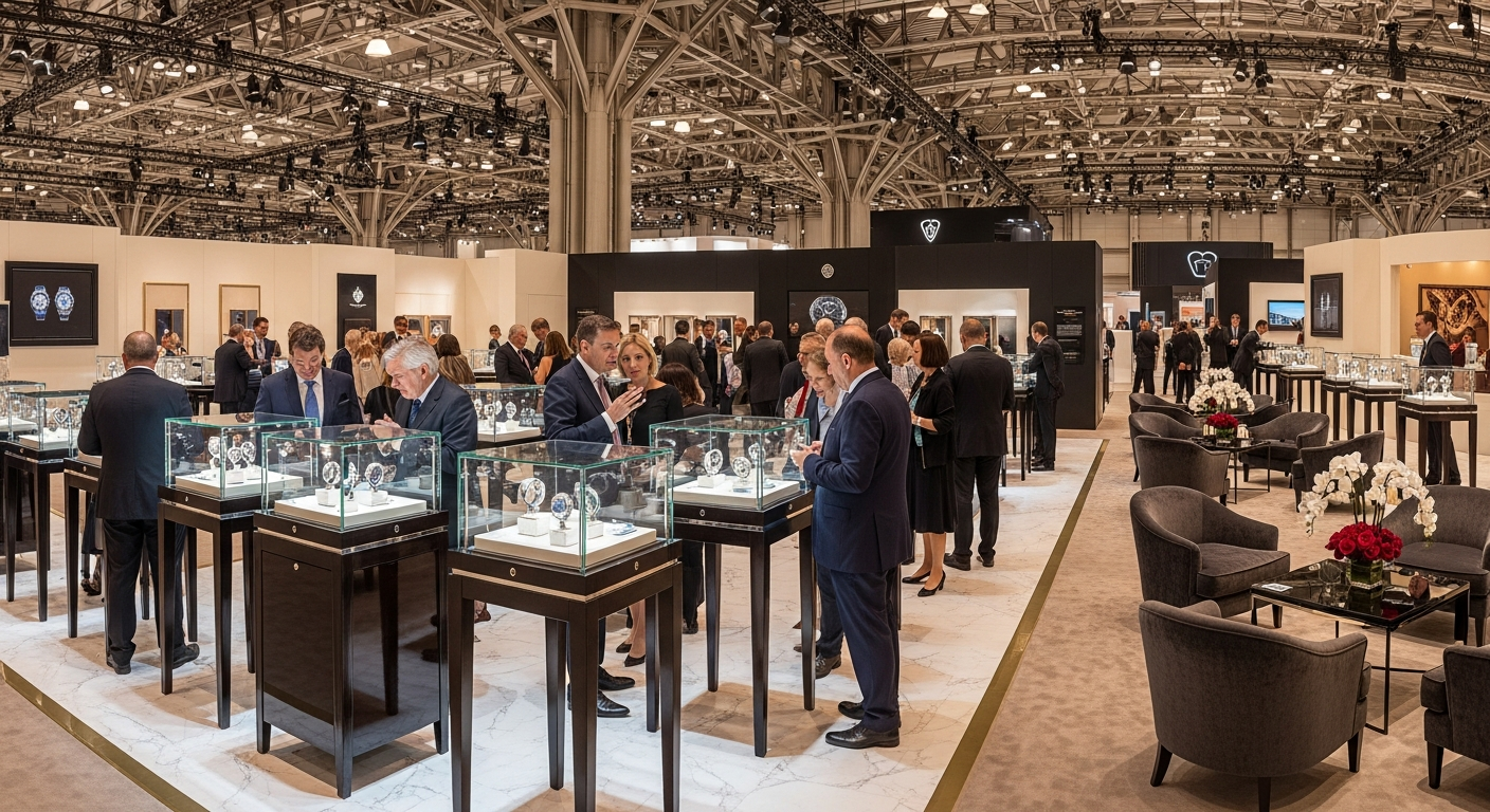A wide, luxurious shot of a modern watch exhibition hall. People in elegant attire are looking at watches displayed in glass cases. The lighting is warm and golden, reflecting off polished surfaces.