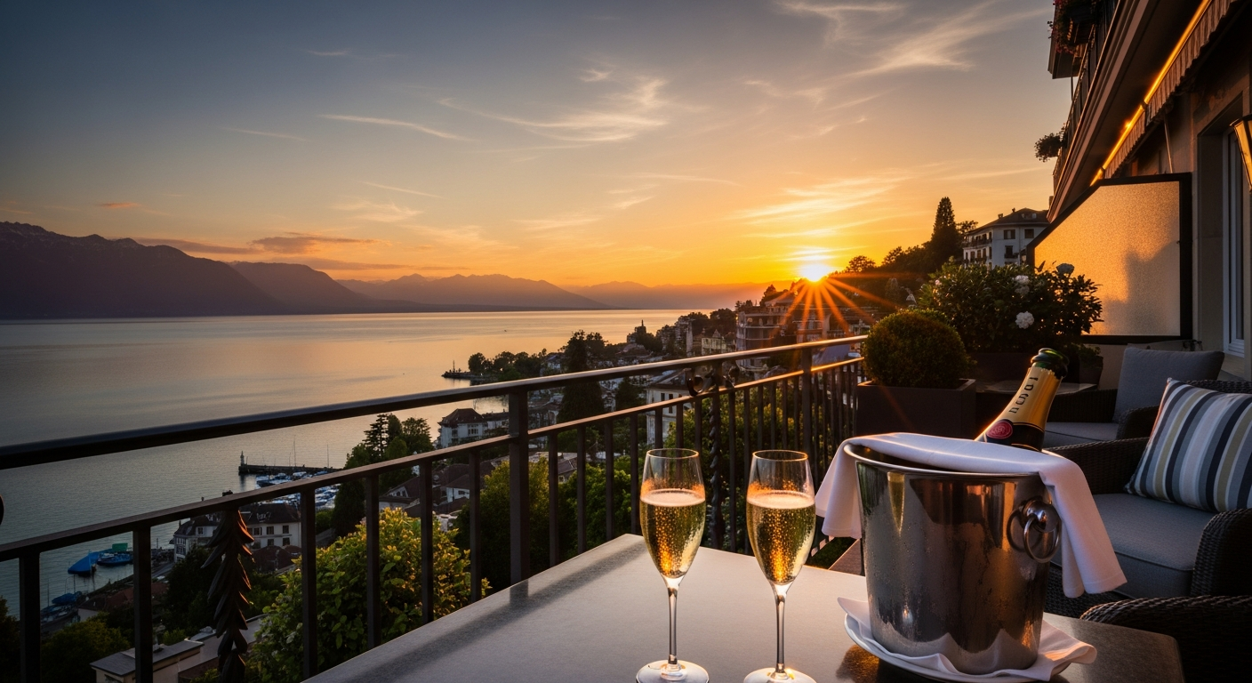 Panoramic view of Lake Geneva at sunset from a luxury hotel balcony, with champagne glasses on a table