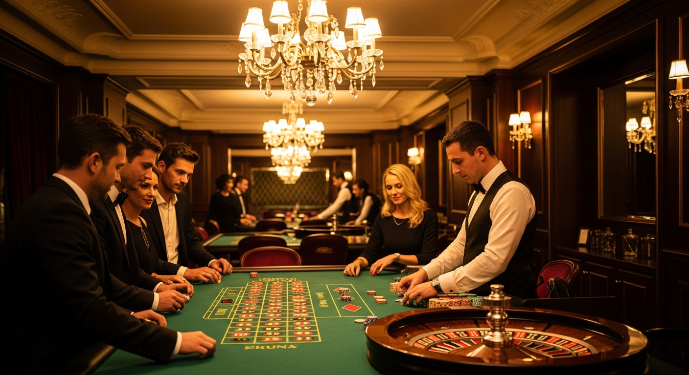 A luxurious and elegant shot inside a Swiss casino like Montreux, showing the roulette table with warm gold lighting, people elegantly dressed, and a sense of sophisticated excitement.