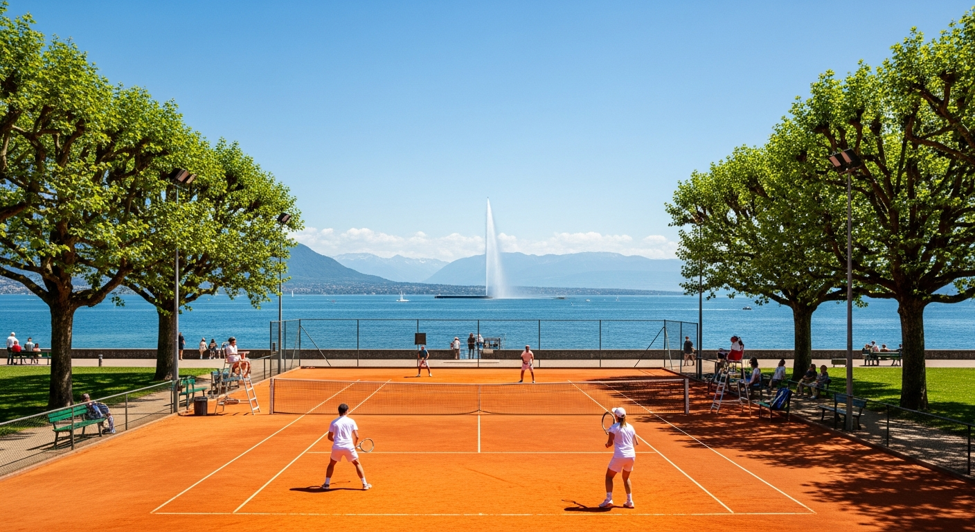 Match de tennis au Parc des Eaux-Vives, Genève, avec le lac et le jet d'eau en arrière-plan. Journée ensoleillée.