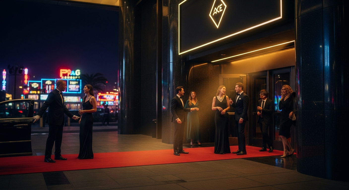 Vue large de l'entrée moderne du Casino du Lac à Meyrin la nuit, avec un éclairage élégant et quelques invités qui arrivent.
