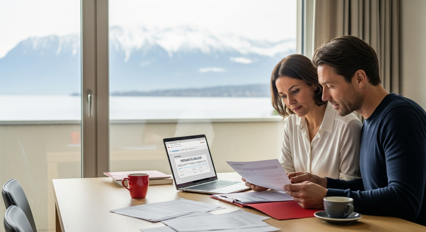 Famille suisse à table comparant les primes d'assurance maladie sur un portable dans un appartement à Genève.