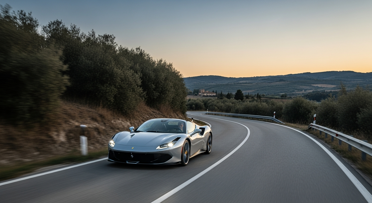 La Ferrari Luce, un coupé grand tourisme électrique de luxe de Maranello, roulant sur une route sinueuse au crépuscule.