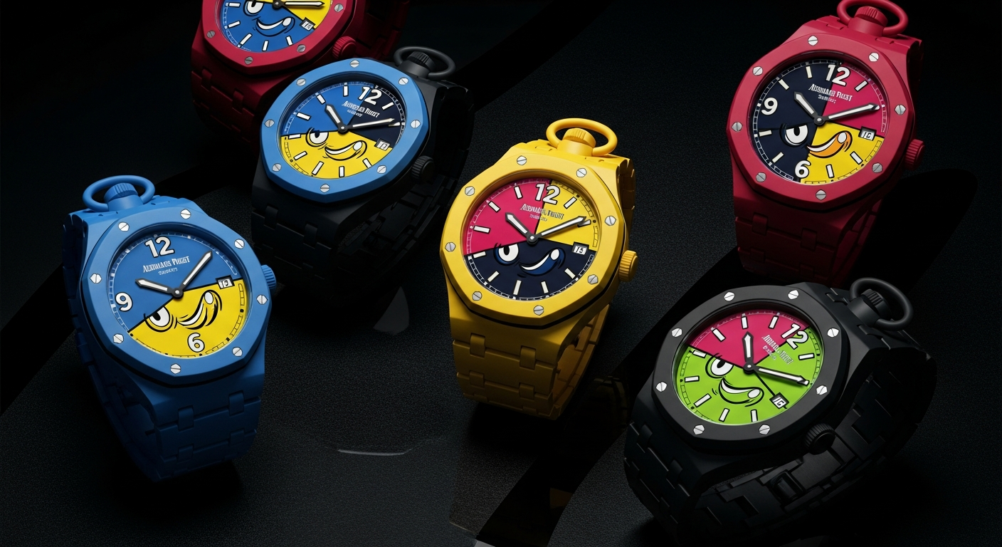A stylized hero image showing several models of the colorful Audemars Piguet x Swatch Royal Pop pocket watches against a dark, luxurious background.