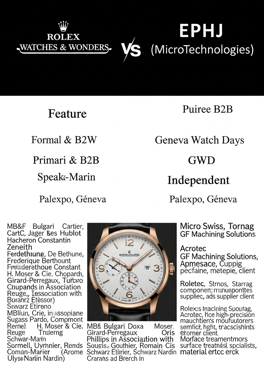 A vertical infographic comparing Watches and Wonders, Geneva Watch Days, and EPHJ. Columns for each event, with rows for: Audience (Public/B2B), Vibe (Formal/Relaxed), Location (Palexpo/City-wide), Key Brands (Rolex/MB&F/Suppliers).