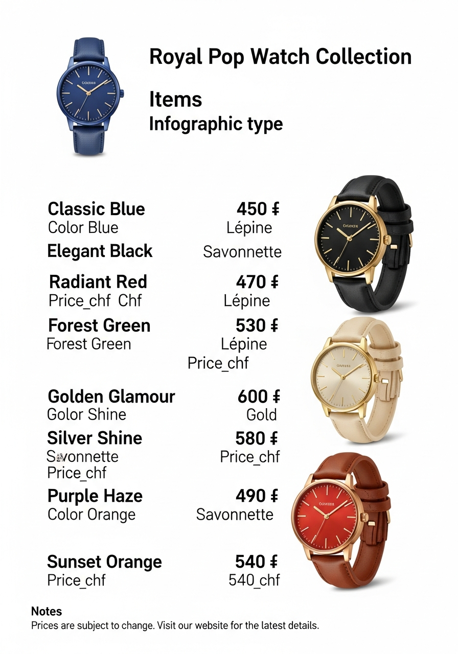 Vertical infographic showing the 8 models of the Royal Pop watch. Each model has its name, color, type (Lépine/Savonnette), and price in CHF.
