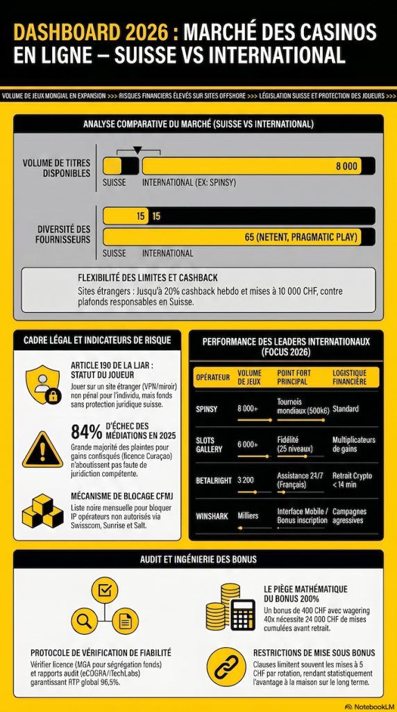 Infographie 2026 comparant les casinos en ligne en Suisse et à l'international : volume de jeux, législation LJAr, plateformes leaders et risques des bonus.