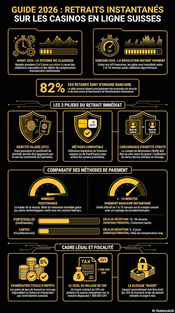 Infographie Guide 2026 : Fonctionnement des retraits instantanés sur les casinos suisses, conditions KYC, comparatif des paiements et fiscalité.