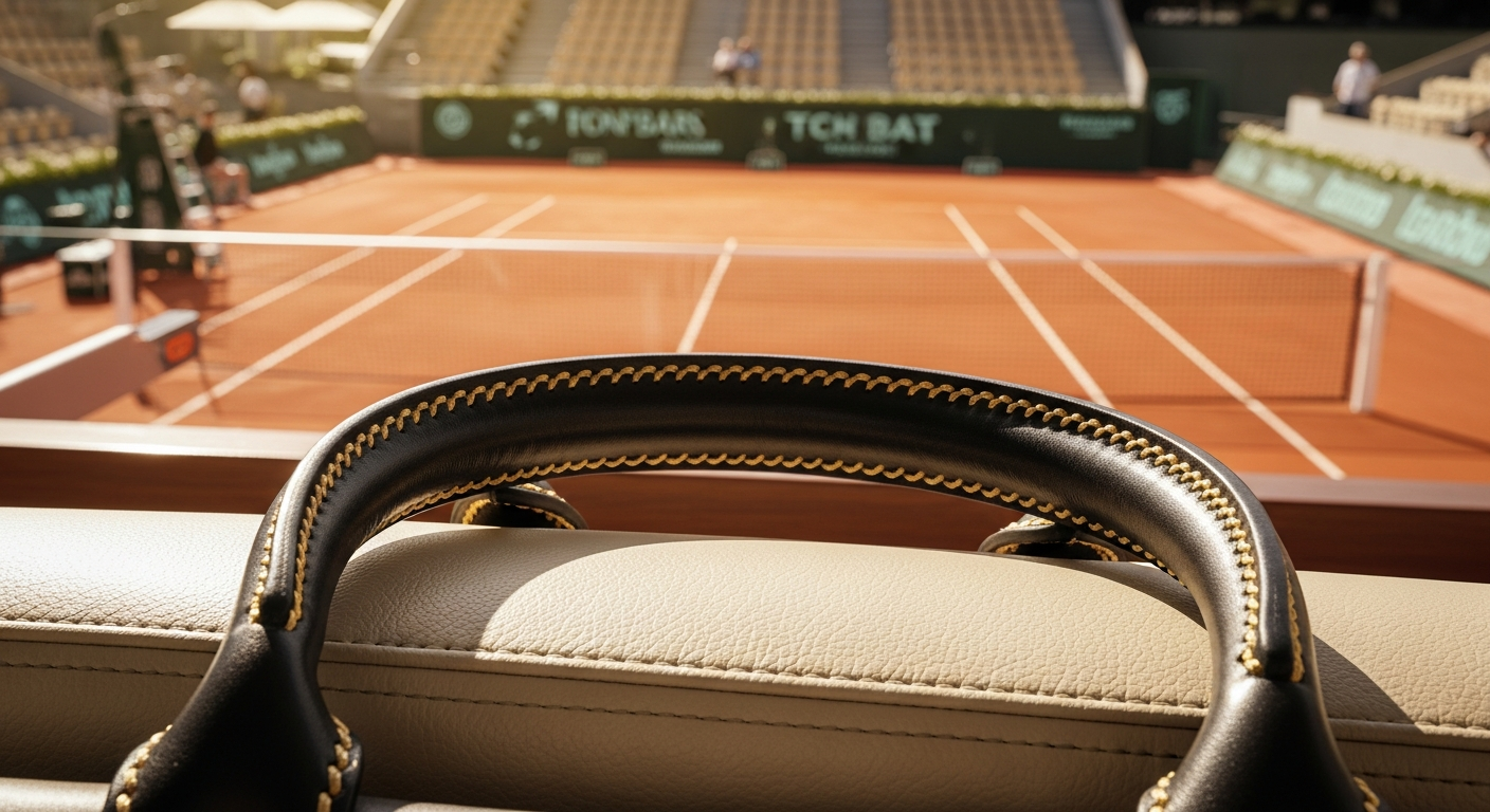 Poignée de sac de tennis en cuir avec surpiqûres dorées, sur siège crème en loge VIP, vue sur court en terre battue.