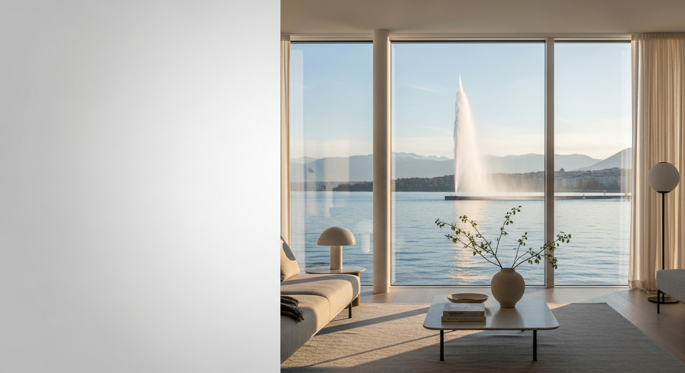 Intérieur d'appartement moderne et minimaliste avec vue sur le Jet d'Eau à Genève, palette de luxe discrète.