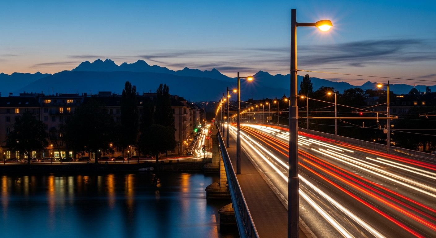 Photo éditoriale large, ambiance Bloomberg, trafic sur le Pont du Mont-Blanc au crépuscule, palette luxe discret.