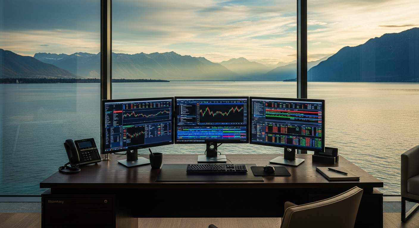 Photo éditoriale: pupitre de trading style Bloomberg avec vue sur le lac Léman, ambiance luxe discret.