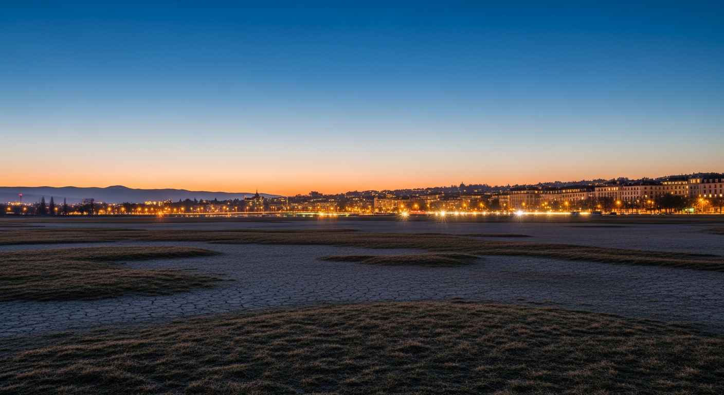 Photo éditoriale de la Plaine de Plainpalais vide au crépuscule, lumières de la ville, ambiance Bloomberg, palette luxe sobre.