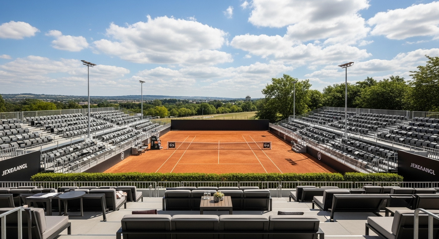 Vaste salon de tennis VIP luxueux et sombre, donnant sur un court en terre battue. Accents or et crème sur mobilier noir.