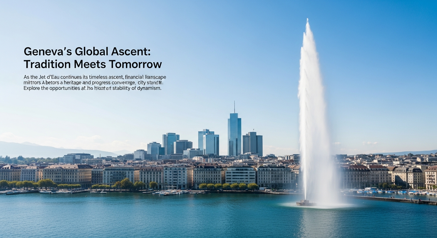 Vue aérienne du Jet d'Eau de Genève et des bâtiments du quartier financier.