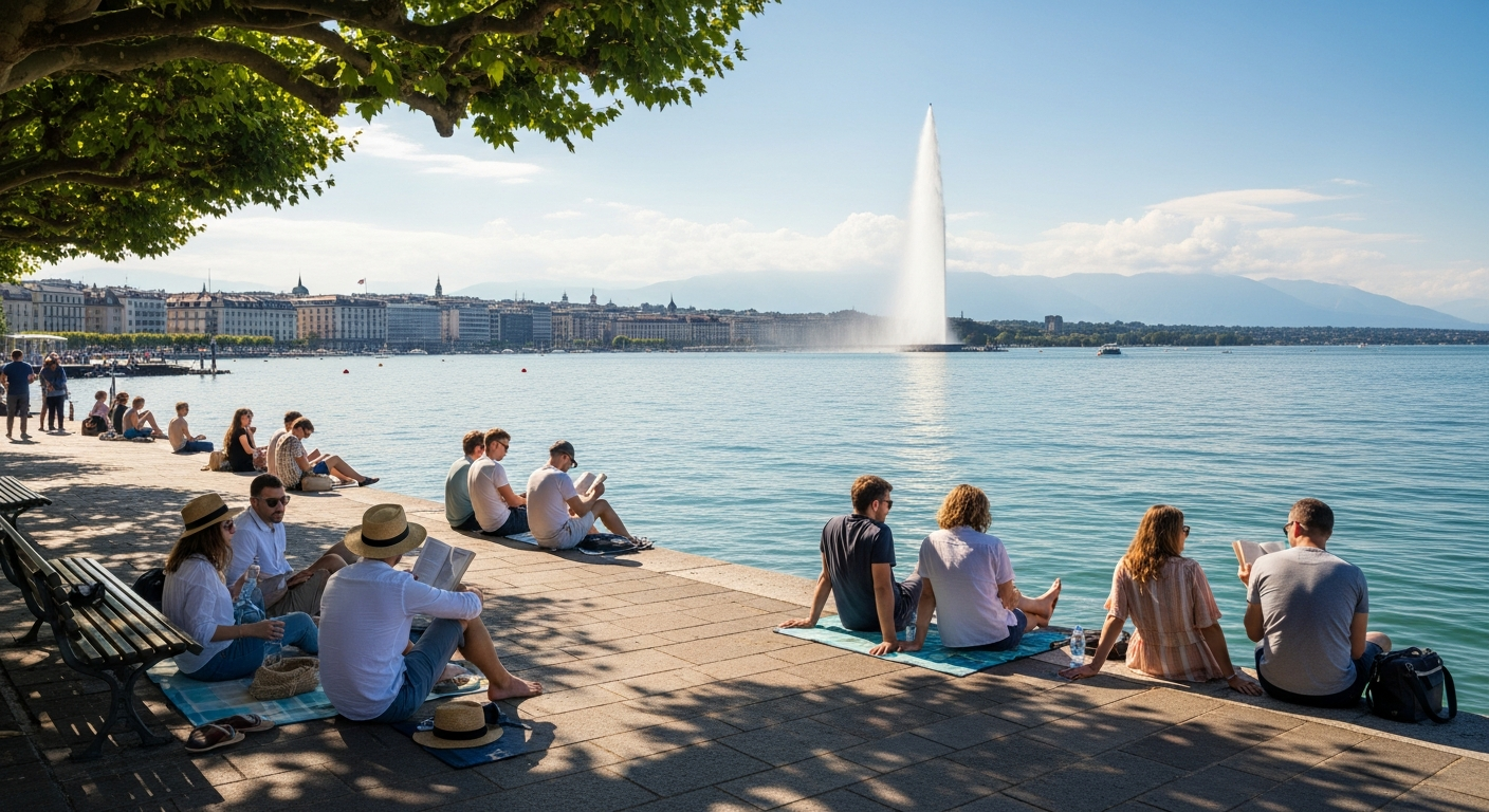 Le Jet d'Eau de Genève, des gens se détendent sur les quais, évoquant une chaude journée d'été.