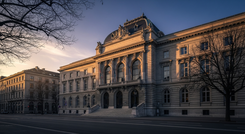 L'Hôtel-de-Ville de Genève, siège du Grand Conseil, lumière du soir, architecture classique.