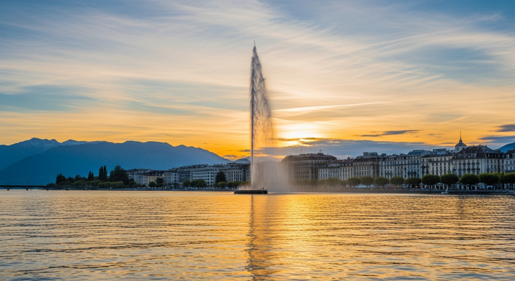 Vue large du Jet d'Eau de Genève au coucher du soleil.