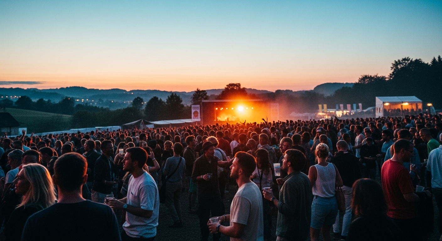 Plan large atmosphérique d'une foule de festivaliers au crépuscule, composition épurée, expérience premium.