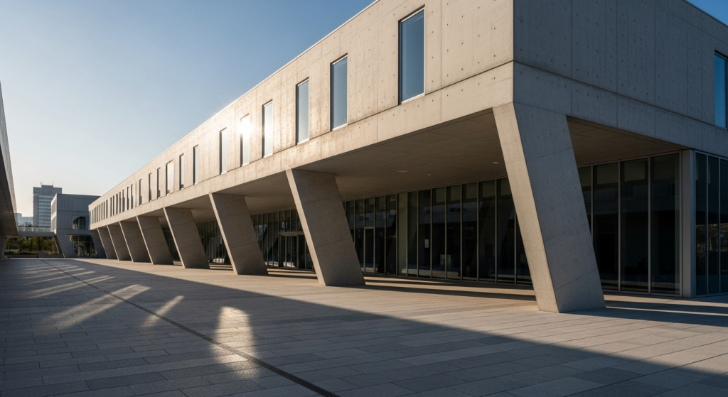 Vue architecturale large et moderne du Science Gateway du CERN à Genève, aux lignes épurées et à l'allure professionnelle.