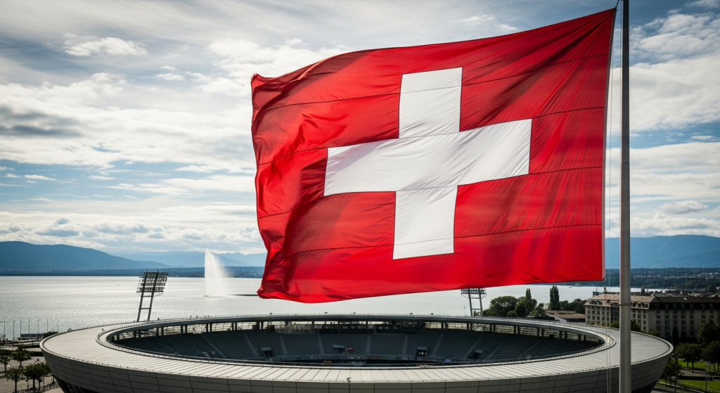 Drapeau suisse, stade de foot en arrière-plan, Jet d'Eau de Genève au loin, couleurs sourdes.