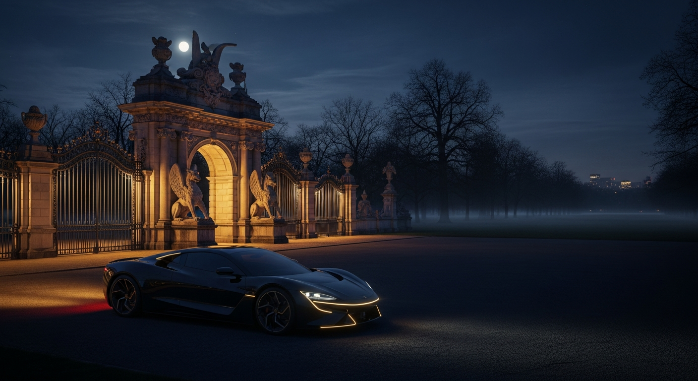 Porsche Taycan garée la nuit devant l'entrée du Parc des Eaux-Vives. Accents lumineux dorés sur fond sombre.