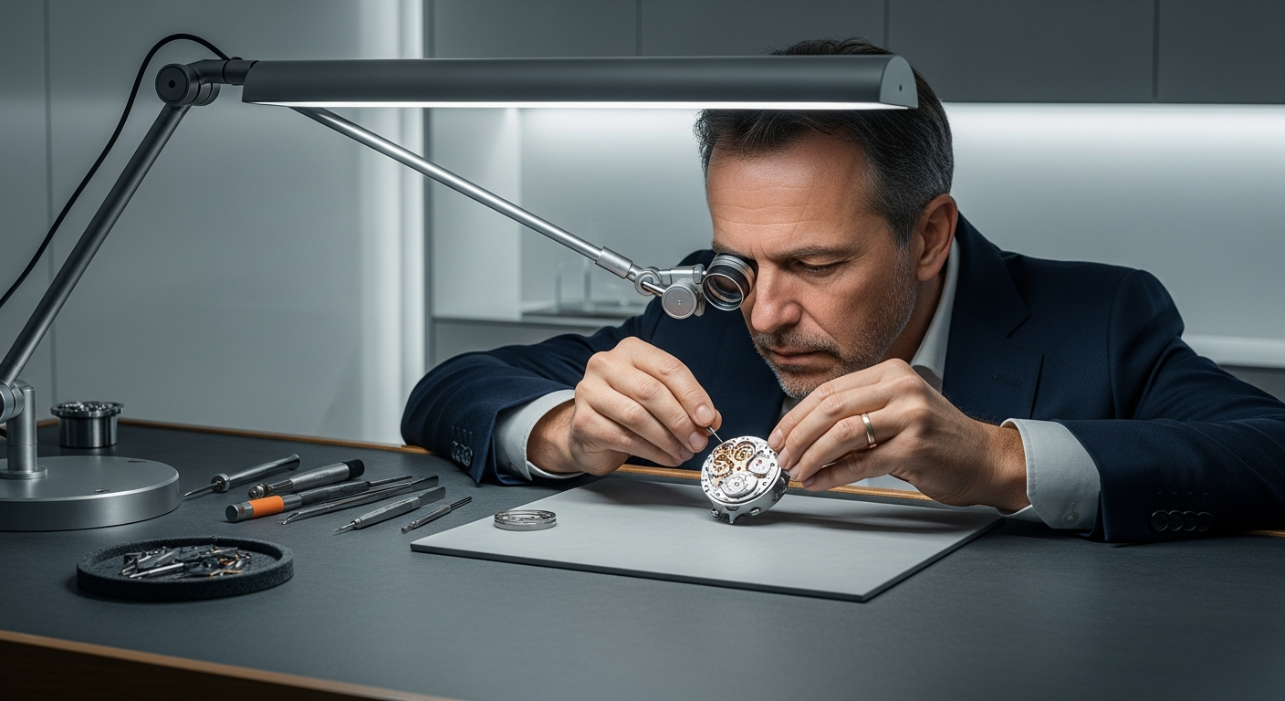Gros plan sur un mouvement de montre de luxe avec des outils d'horloger.
