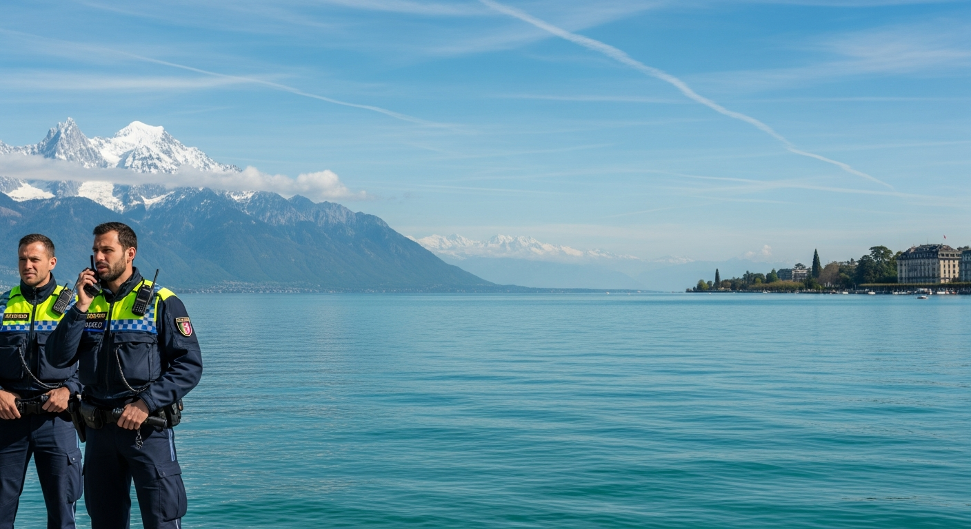 Quai du Mont-Blanc à Genève, présence policière, ambiance Bloomberg, palette luxe sobre.