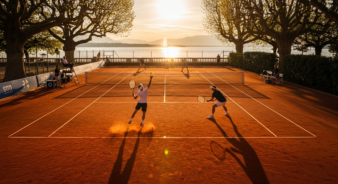 Court central du Parc des Eaux-Vives au coucher du soleil. Lumière dorée sur le court en terre battue, loges VIP floues.