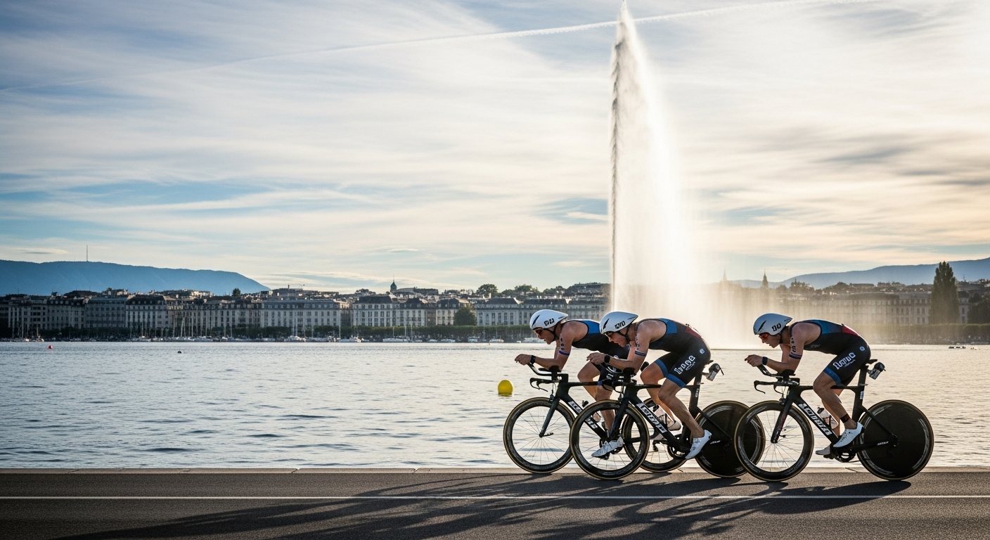 Triathlètes à vélo le long du lac Léman avec le Jet d'Eau en arrière-plan.